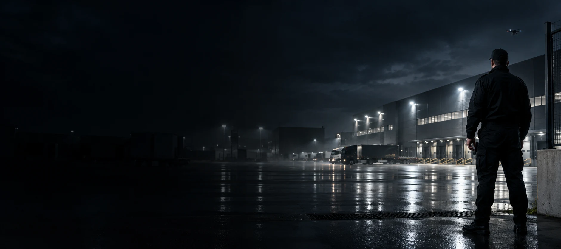 Security guard at an industrial site at night